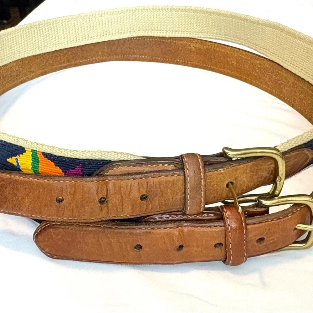 Orvis Brown Leather & Navy Embroidered Fish Belts BUNDLE OF 2 TOTAL